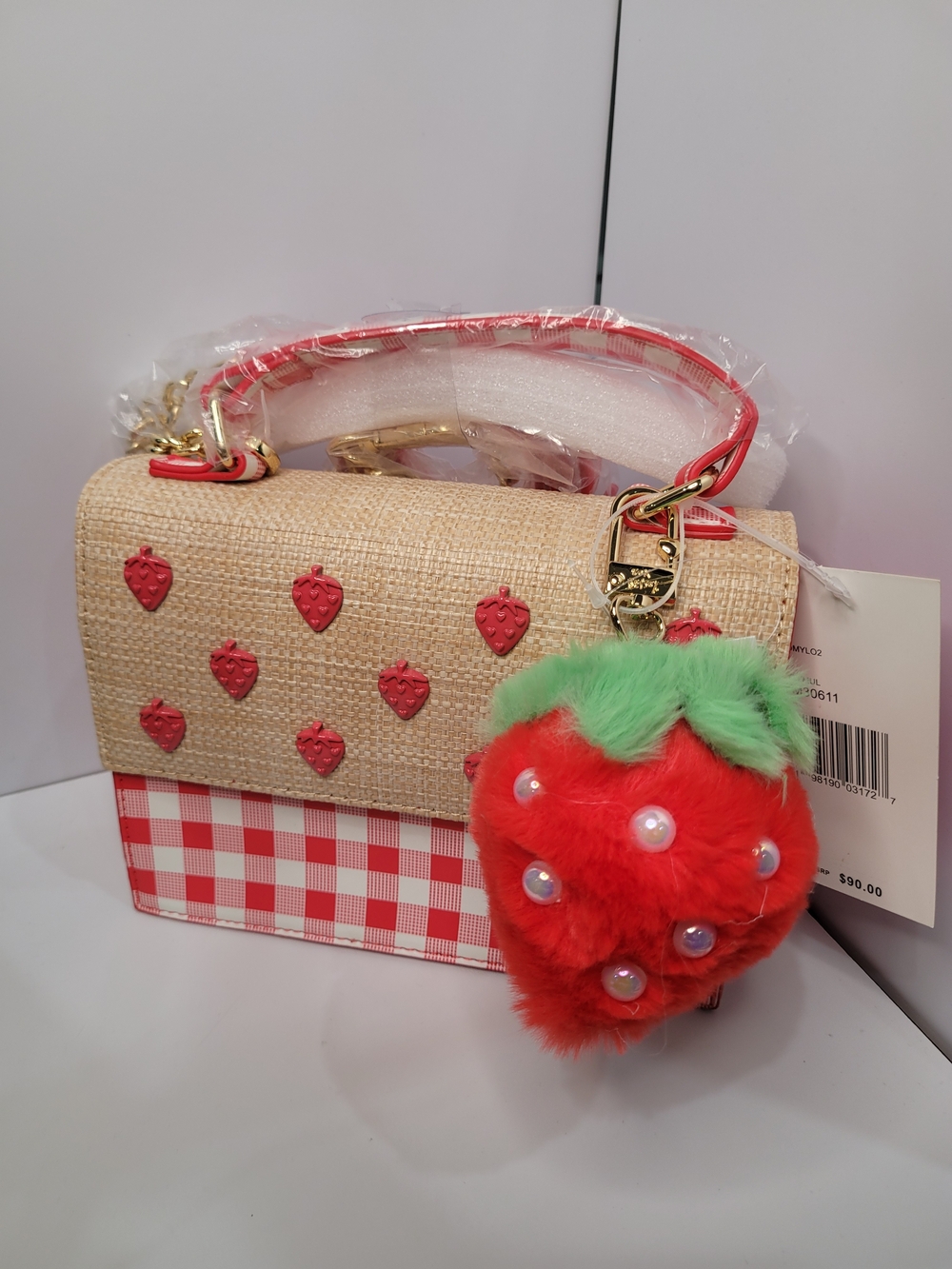 👉✨️Betsey Johnson Red Pink Straw Satchel with Strawberry Charm